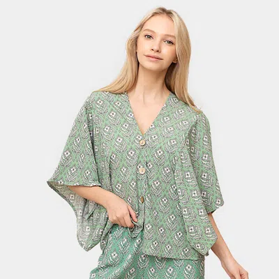 Fashnzfab Floral Print Button Down Kimono Poncho In Green