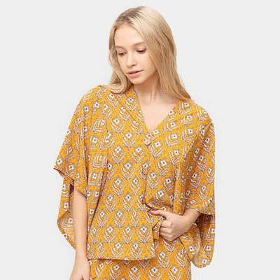 Fashnzfab Floral Print Button Down Kimono Poncho In Yellow