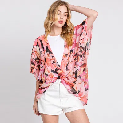 Fashnzfab Floral Print Cover Up Kimono Poncho In Pink