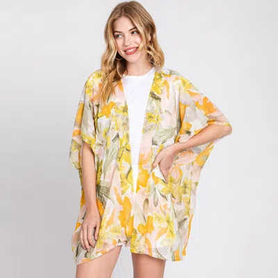 Fashnzfab Floral Print Cover Up Kimono Poncho In Yellow