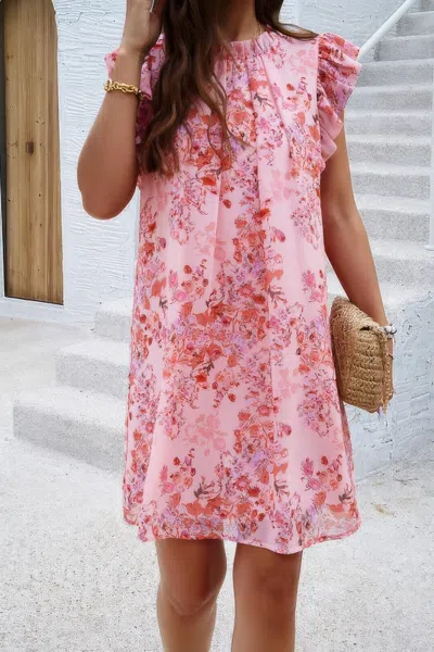 Fashnzfab Floral Print Elegant Sleeveless Ruffle A Line Dress In Pink