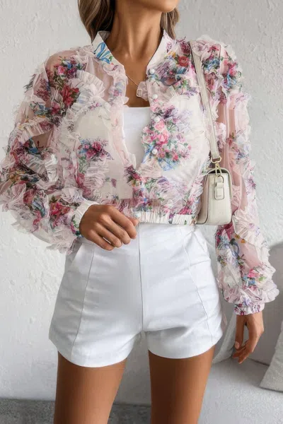 Fashnzfab Floral Print Lace Ruffle Open Front Button Shirt