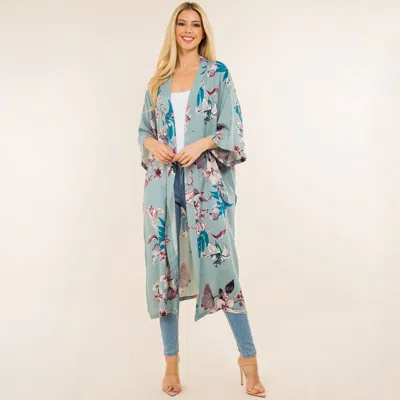 Fashnzfab Floral Print Long Kimono Poncho In Blue