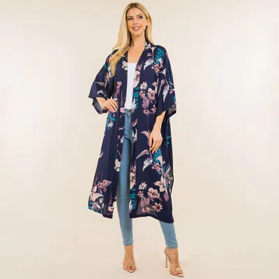 Fashnzfab Floral Print Long Kimono Poncho In Blue