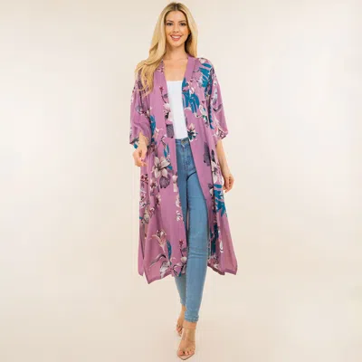 Fashnzfab Floral Print Long Kimono Poncho In Purple