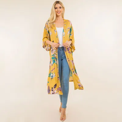 Fashnzfab Floral Print Long Kimono Poncho In Yellow