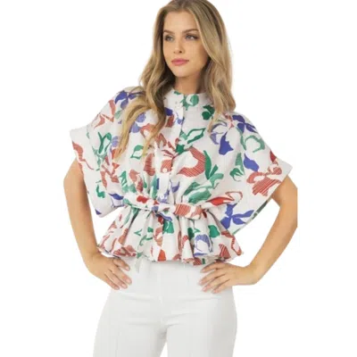 Fashnzfab Floral Print Short Sleeve Top With Waist Tie In Multi