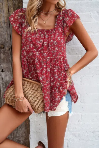 Fashnzfab Floral Print Square Neck Ruffle Sleeve Tiered Blouse