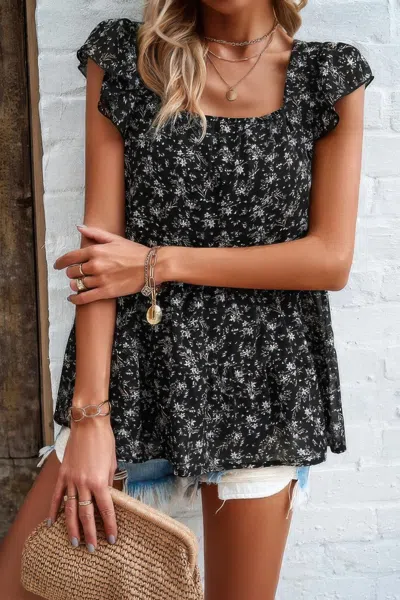 Fashnzfab Floral Print Square Neck Ruffle Sleeve Tiered Blouse