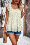 Fashnzfab Floral Print Square Neck Ruffle Sleeve Tiered Blouse