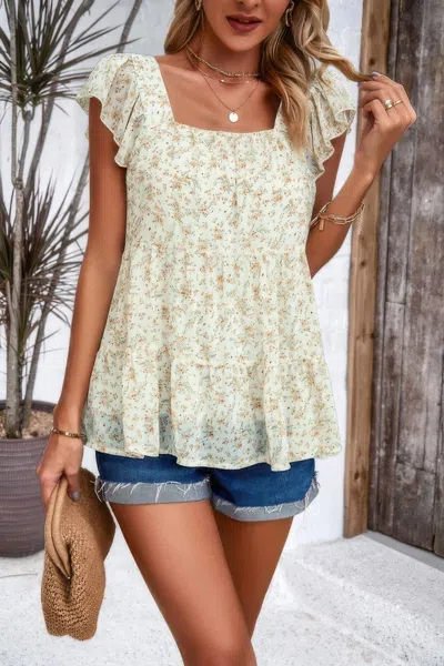 Fashnzfab Floral Print Square Neck Ruffle Sleeve Tiered Blouse
