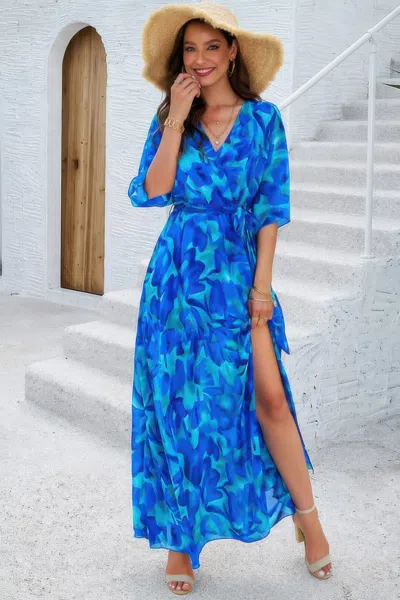 Fashnzfab Floral Print V Neck Waist Cinched Split Long Dress In Blue