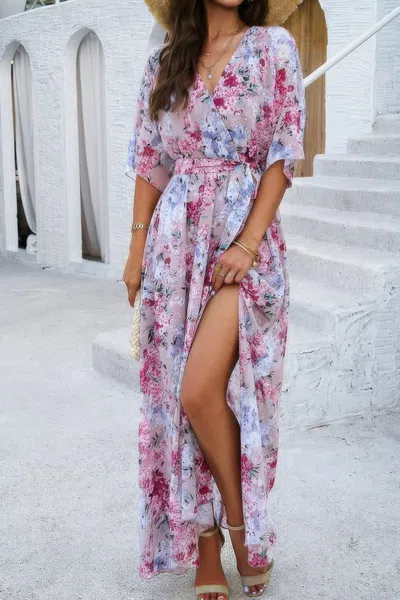 Fashnzfab Floral Print V Neck Waist Cinched Split Long Dress In Pink