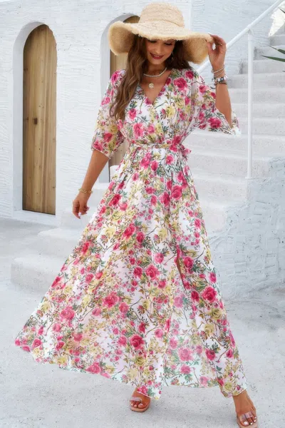Fashnzfab Floral Print V Neck Waist Cinched Split Long Dress In Multi