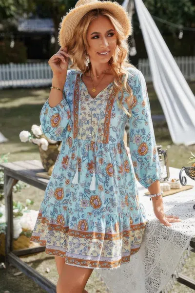Fashnzfab Floral Printed Button Down V Neck Long Sleeve Dress