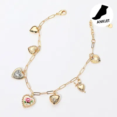 Fashnzfab Floral Printed Ceramic Metal Stone Heart Charm Station Anklet - Gold, Pink In Multi