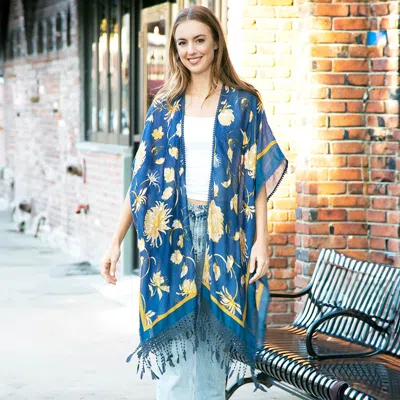Fashnzfab Floral Printed Cover Up Kimono Poncho With Tassels In Blue