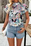 Fashnzfab Floral Printed Mock Neck Ruffle Sleeve Loose Blouse