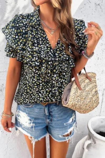 Fashnzfab Floral Printed Ruffle Sleeve V Neck Loose Blouse