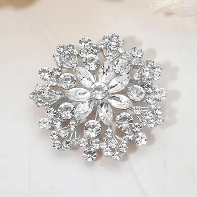 Fashnzfab Floral Rhinestone Cluster Pin Brooch In White