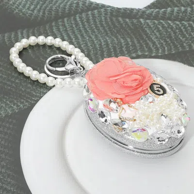 Fashnzfab Floral Rhinestone Embellished Oval Cosmetic Mirrors Keychain Bag Charm In Silver