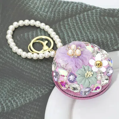 Fashnzfab Floral Rhinestone Embellished Round Cosmetic Mirrors Keychain Bag Charm In Purple