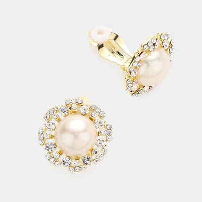 Fashnzfab Floral Rhinestone Trimmed Pearl Clip On Earrings In Gold