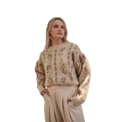 Fashnzfab Floral Round Neck Long Sleeve Relax Fit Sweater In Beige