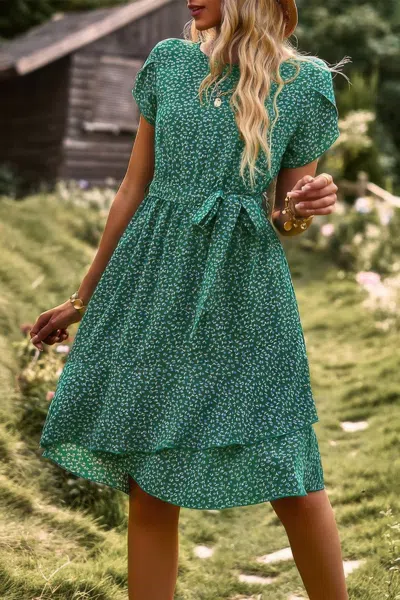 Fashnzfab Floral Round Neck Slim Tiered A Line Ruffle Dress