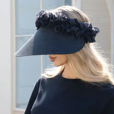 Fashnzfab Floral Ruffle Accent Wide Brim Straw Visor Hat In Black