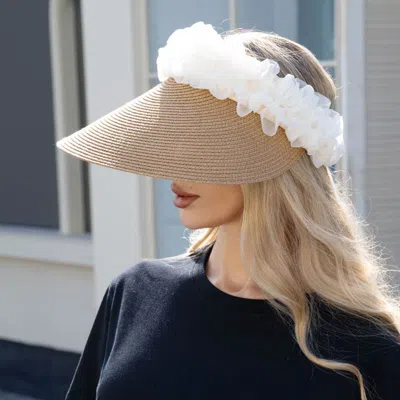 Fashnzfab Floral Ruffle Accent Wide Brim Straw Visor Hat In Green