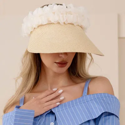 Fashnzfab Floral Ruffle Accent Wide Brim Straw Visor Hat In Sand
