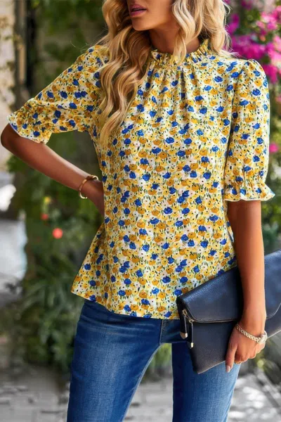 Fashnzfab Floral Ruffle Mock Neck Puff Short Sleeve Shirt In Yellow