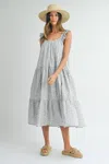 Fashnzfab Floral Ruffle Shoulder Tiered Midi Dress In Blue
