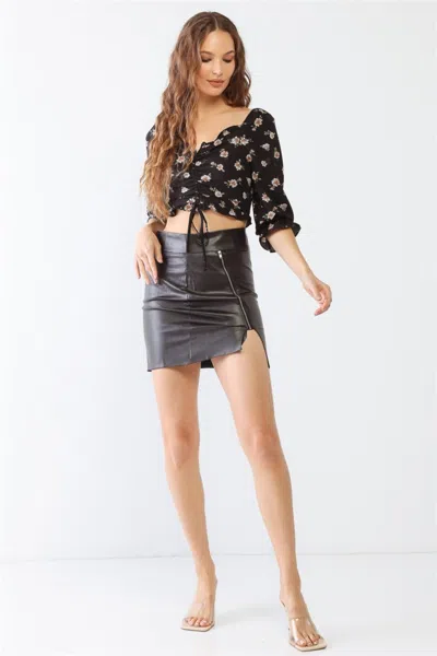 Fashnzfab Floral Ruffle Smocked Back Ruched Crop Top In Black