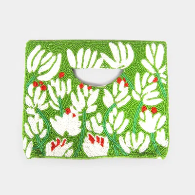 Fashnzfab Floral Seed Beaded Tote Bag In Green