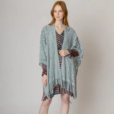 Fashnzfab Floral Solid Crochet Ruana Poncho In Blue