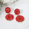 Fashnzfab Floral Stone Cluster Drop Dangle Evening Earrings - Gold, Siam In Red