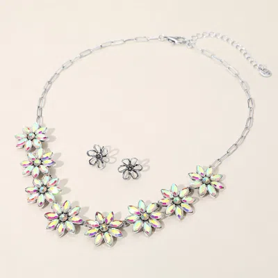 Fashnzfab Floral Stone Cluster Link Necklace In Multi