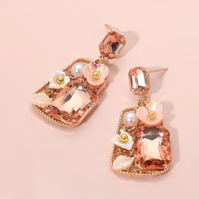 Fashnzfab Floral Stone Pearl Leaf Accent Frame Dangle Earrings In Orange