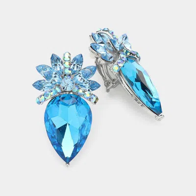 Fashnzfab Floral Teardrop Crystal Clip On Earrings In Blue