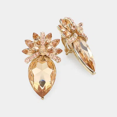 Fashnzfab Floral Teardrop Crystal Clip On Earrings In Gold