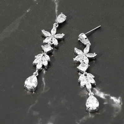Fashnzfab Floral Teardrop Cz Stone Cluster Link Drop Evening Earrings In Silver