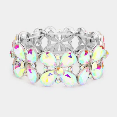 Fashnzfab Floral Teardrop Glass Crystal Stretch Evening Bracelet Ab, Rhodium In Multi