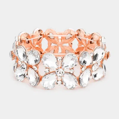 Fashnzfab Floral Teardrop Glass Crystal Stretch Evening Bracelet Clear, Rose Gold In Silver