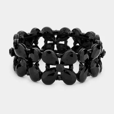 Fashnzfab Floral Teardrop Glass Crystal Stretch Evening Bracelet Jet Black