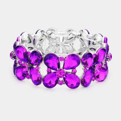 Fashnzfab Floral Teardrop Glass Crystal Stretch Evening Bracelet Purple, Silver