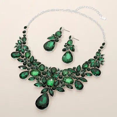 Fashnzfab Floral Teardrop Marquise Stone Cluster Embellished Evening Necklace In Green