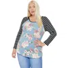 Fashnzfab Floral Top Featuring Raglan Style Striped Sleeves And A Round Neck In Multi