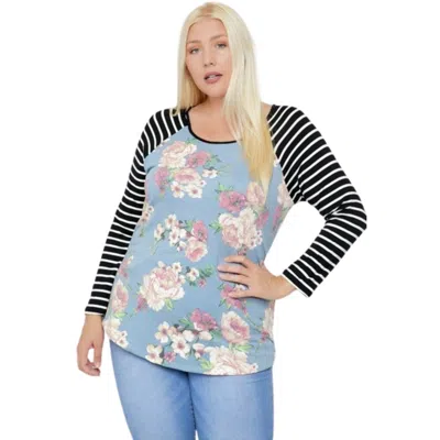 Fashnzfab Floral Top Featuring Raglan Style Striped Sleeves And A Round Neck In Multi